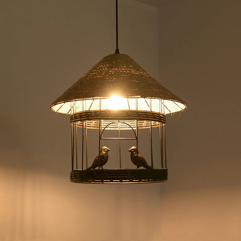 Hemp Rope Chandelier Retro Industrial Bird Light
