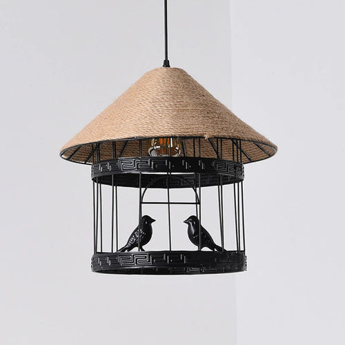 Hemp Rope Chandelier Retro Industrial Bird Light