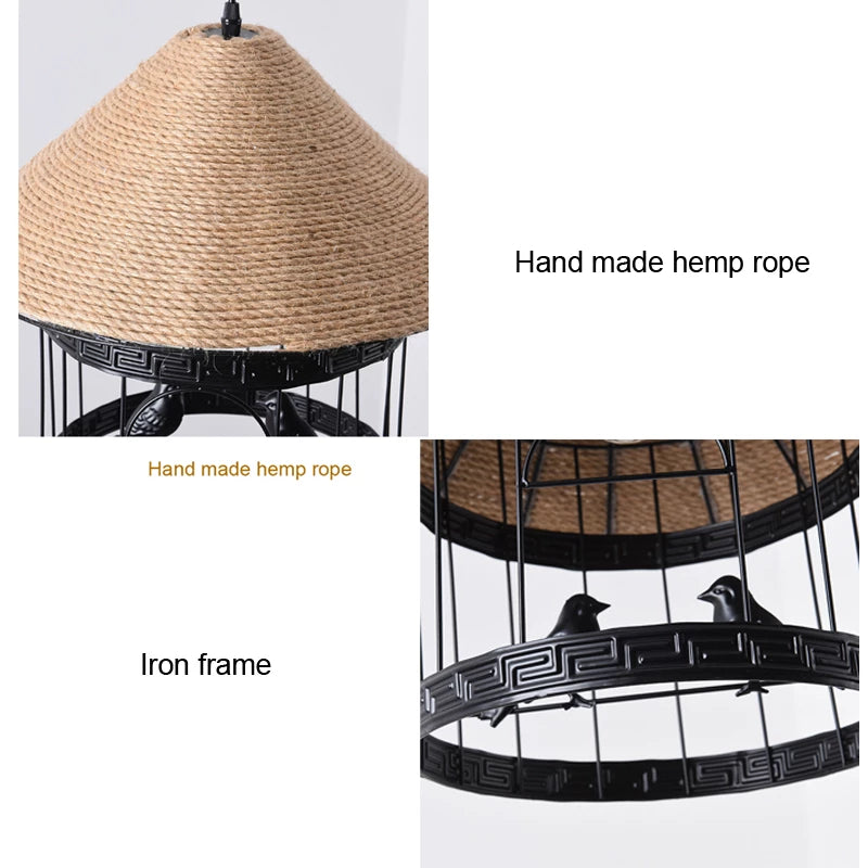 Hemp Rope Chandelier Retro Industrial Bird Light
