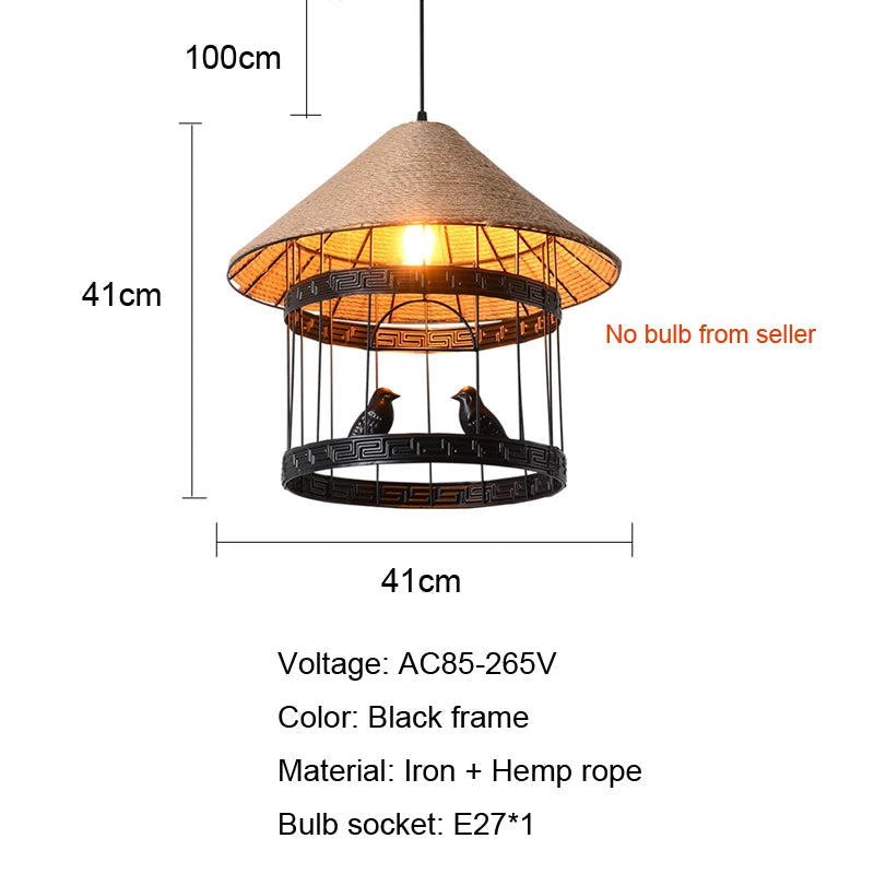 Hemp Rope Chandelier Retro Industrial Bird Light